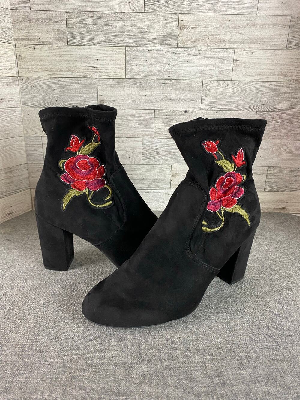 CANDIE’S BLACK Suede Ankle Boots - EMBROIDERED FLOWER  SIZE 9.5